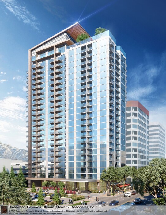 (Artist's rendition courtesy of Cowboy Properties) Cowboy Properties and Boyer Co. are looking to build a 24-story apartment building on the east side of State Street between the Federal Building on 100 South and the Maverik headquarters building on 200 South. The $90 million project is being praised for its prospects for bringing more residents to downtown Salt Lake City.