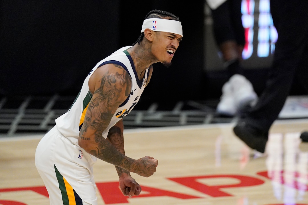 Utah Jazz guard Jordan Clarkson celebrates after hitting a three-point shot during the first half in Game 6 of a second-round NBA basketball playoff series against the Los Angeles Clippers Friday, June 18, 2021, in Los Angeles. (AP Photo/Mark J. Terrill)