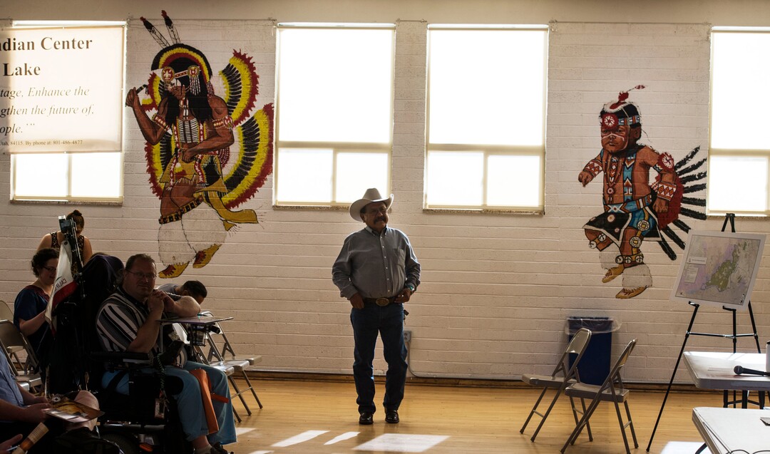 Steve Griffin / The Salt Lake TribuneUtah Dine Bikeyah board member Albert Holiday prepares for a meeting during a  stop at the Urban Indian Center in Salt Lake City Wednesday June 1, 2016.  The board members are touring the state meeting with Native Americans to drum up support for the Bears Ears national monument and answer questions in the face of allegations their groups is a front for outside environmental groups. 