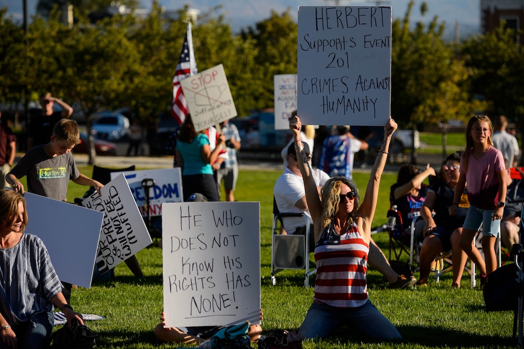 (Trent Nelson  |  The Salt Lake Tribune) A rally protesting government mask mandates at the State Capitol in Salt Lake City on Saturday, Sept. 5, 2020.