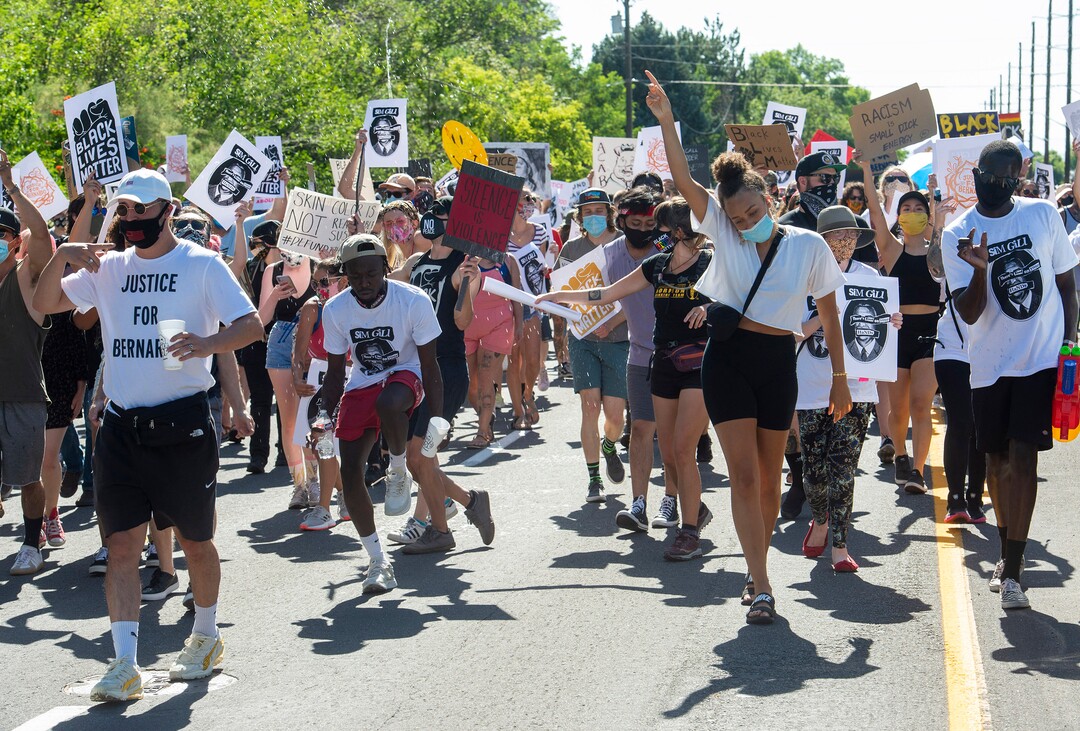 (Rick Egan  |  The Salt Lake Tribune)     Protesters on Foothill Drive, during a march for Justice in Salt Lake City, on Sunday, July 12, 2020.