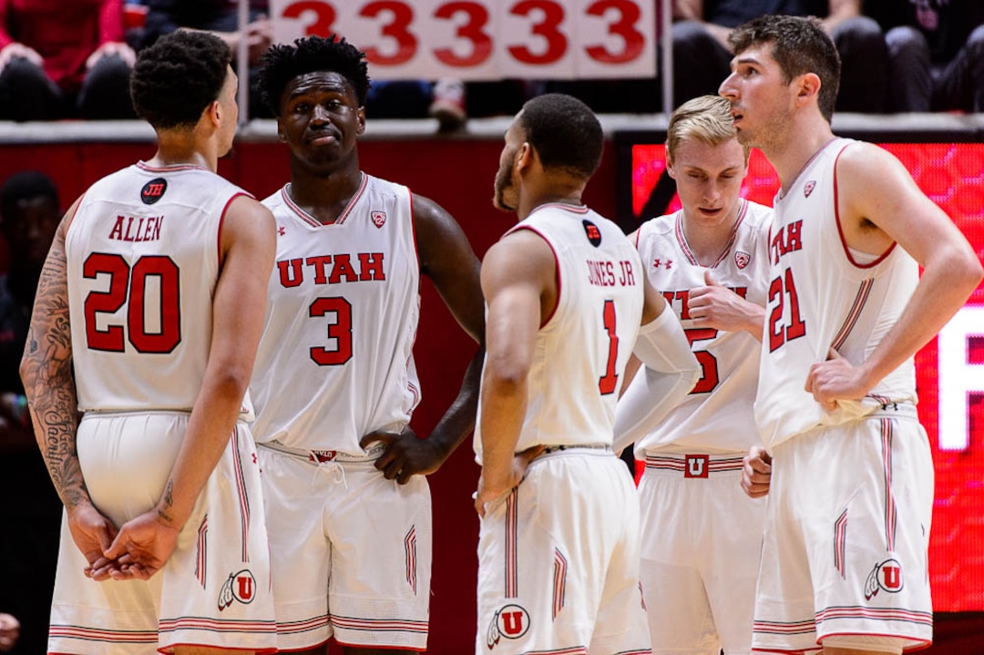 (Trent Nelson | The Salt Lake Tribune)  Utah players huddle, down by eight points late in the second half, as Utah hosts Oregon State, NCAA basketball in Salt Lake City on Saturday Feb. 2, 2019.