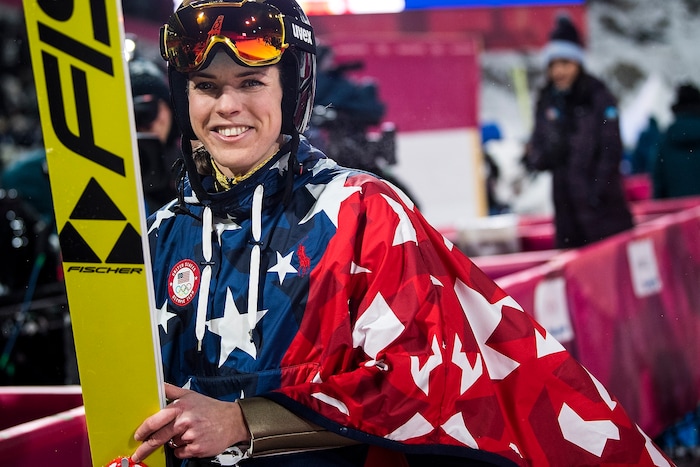 (Chris Detrick  |  The Salt Lake Tribune)  USA's Abby Ringquist after competing in the Ladies' Normal Hill Individual at the Alpensia Ski Jumping during the Pyeongchang 2018 Winter Olympics Monday, February 12, 2018.  Ringquist finished in 29th place with a total of 144.4.