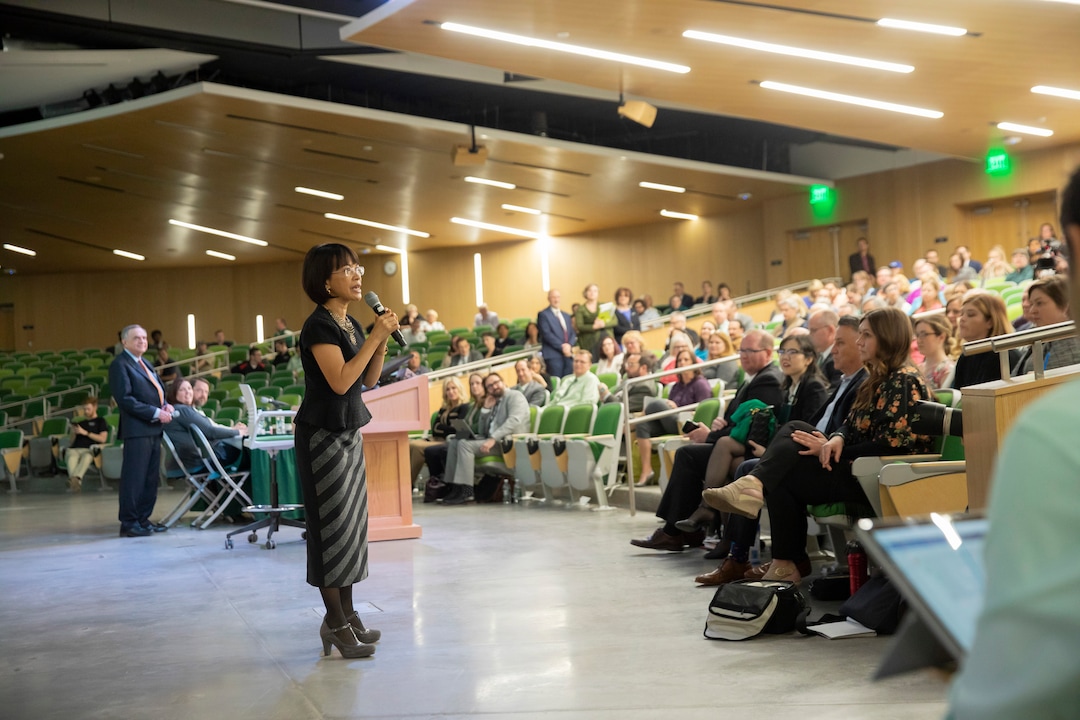 (Kim Raff  |  Special to Utah Valley University)  Soon-to-be Utah Valley University President Astrid Tuminez talks with students during a UVU Student Association interview on Thursday, April 19, 2018. She will replace Matthew S. Holland, who is scheduled to leave the school in June to become an LDS Church mission president.
