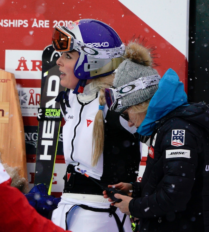 In this photo taken on Feb. 8, 2019, Lindsey Vonn wears an airbag in Are. Lindsey Vonn has been getting plenty of use out of an air bag safety device that she wears under her racing suit. Developed by Italian manufacturer Dainese, the D-air Ski system fits into a vest around Vonn’s upper body and is programmed to inflate during crashes. (AP Photo/Giovanni Auletta)