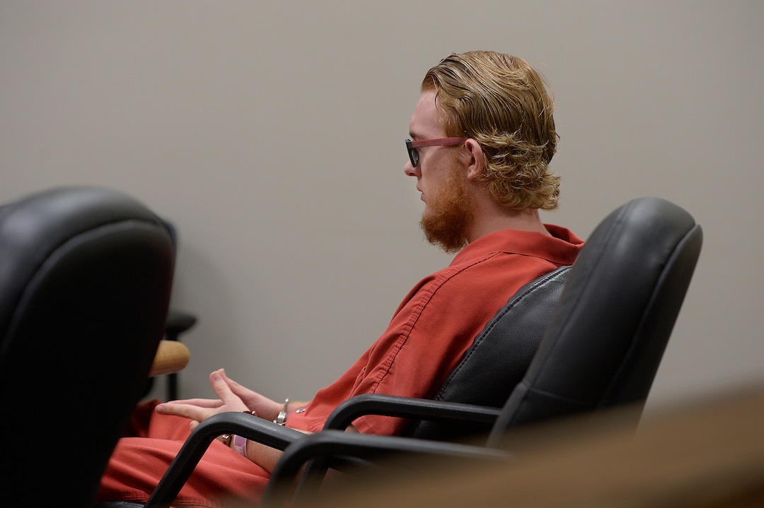(Scott Sommerdorf   |  The Salt Lake Tribune)   Defendant Tyerell Joe Przybycien, 18, of Spanish Fork, sits without showing any emotion as the video of the hanging death is shown in court during his preliminary hearing, Wednesday, August 23, 2017. Przybycien is charged with first-degree felony murder for buying items used by a 16-year-old girl to hang herself on May 5 in Utah County.  Przybycien also recorded the girl's death, according to charges.