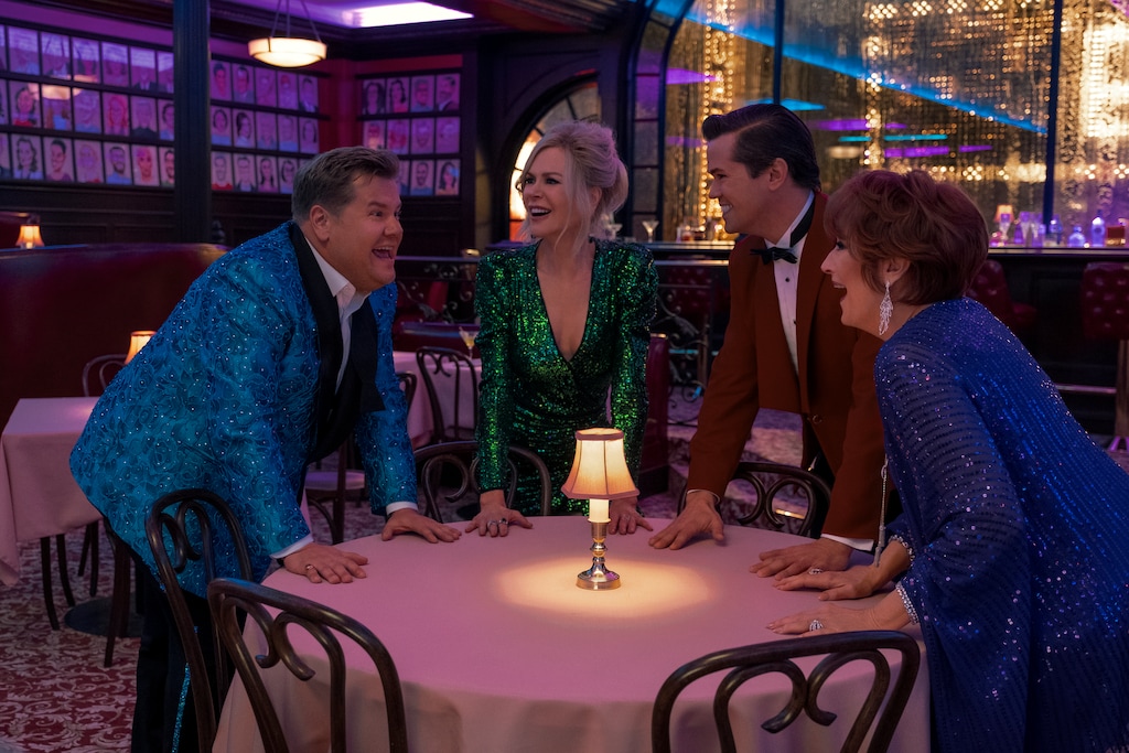 (Melinda Sue Gordon | Netflix via AP) James Corden, left, Nicole Kidman, Andrew Rannells and Meryl Streep in a scene from "The Prom."