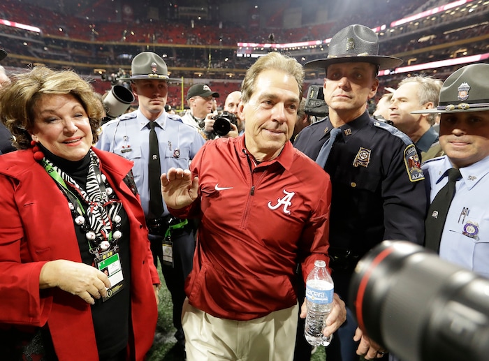 Alabama head coach Nick Saban celebrates after overtime of the NCAA college football playoff championship game against Georgia, Monday, Jan. 8, 2018, in Atlanta. Alabama won 26-23. (AP Photo/David J. Phillip)