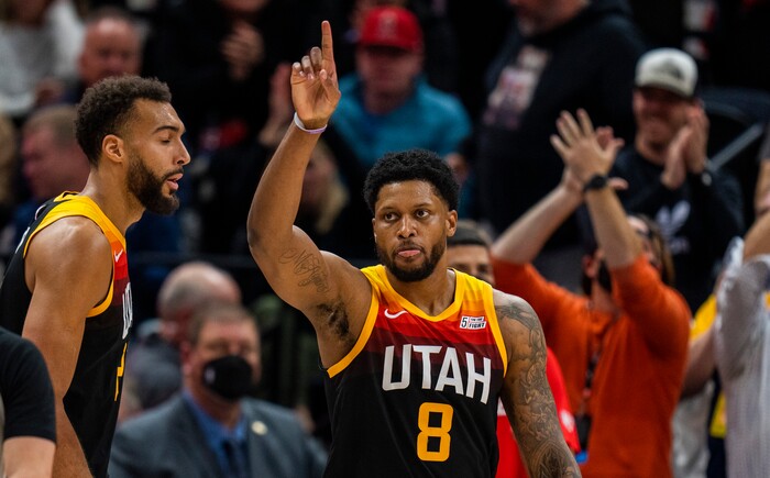(Rick Egan | The Salt Lake Tribune)  Utah Jazz forward Rudy Gay (8) reacts after scoring and getting fouled, in NBA action between the Utah Jazz and the Washington Wizards, at Vivint Arena on Saturday, Dec. 18, 2021.