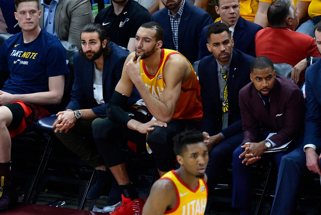 (Scott Sommerdorf | The Salt Lake Tribune)Utah Jazz center Rudy Gobert (27) reacts as he sits on the bench in the 4th quarter. The Houston Rockets beat the Utah Jazz 113-92 in game 3 of their playoff series, Friday, May 4, 2018.