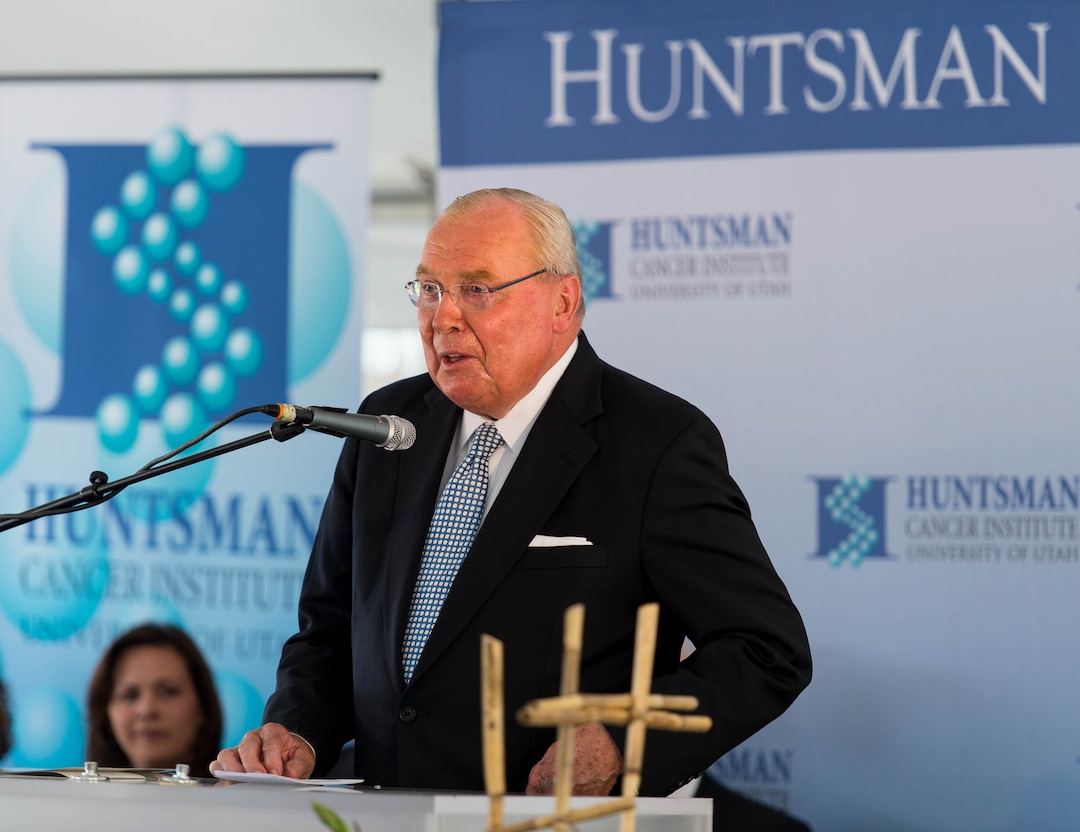 Trent Nelson  |  The Salt Lake Tribune
Jon Huntsman, Sr., delivers an emotional speech at the groundbreaking ceremony for the Huntsman Cancer Institute's new wing, the Primary Children's & Families Cancer Research Center, in Salt Lake City, on June 6, 2014. An industrialist who used his wealth to donate about $1.8 billion to charity, Huntsman died Feb. 2, 2018.. He was 80.