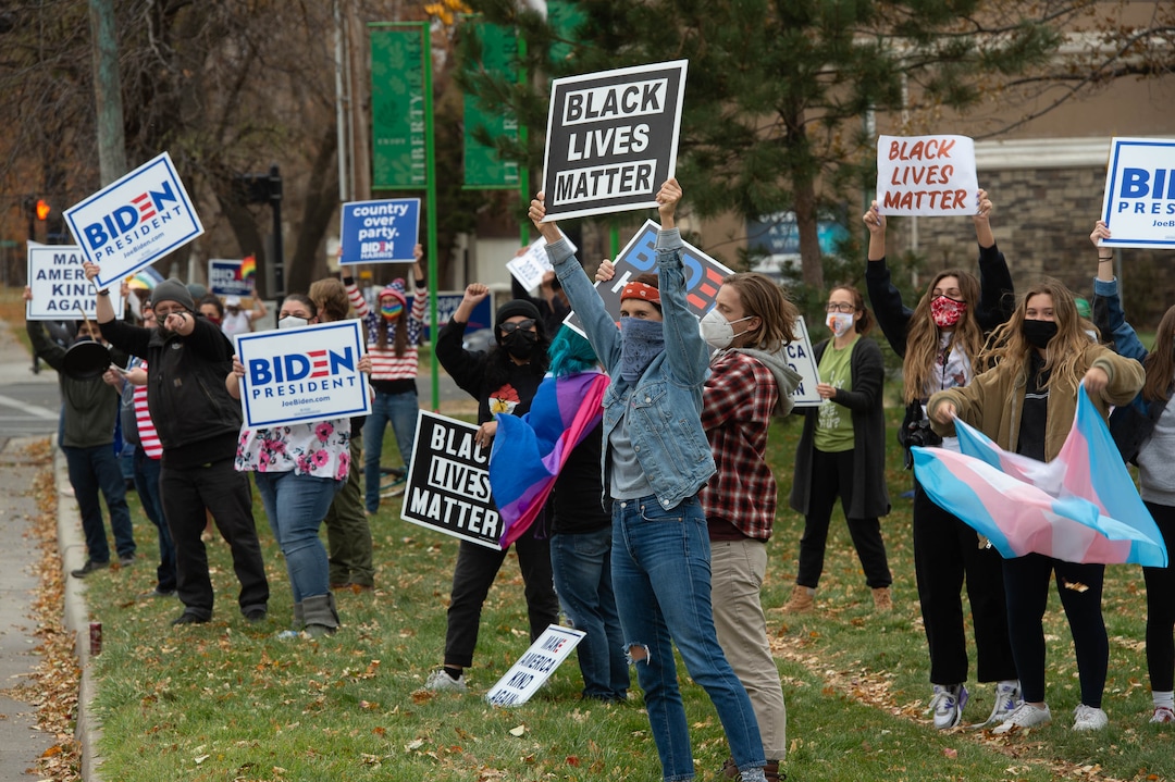 (Francisco Kjolseth  |  The Salt Lake Tribune) Supporters of President-elect Joe Biden celebrate at Liberty Park on Saturday, Nov. 7, 2020, in Salt Lake City.