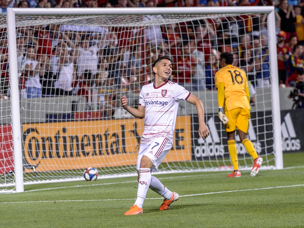 (Leah Hogsten  |  The Salt Lake Tribune) Real Salt Lake forward Jefferson Savarino (7) celebrates his second goal. Real Salt Lake defeated Philadephia Union 4-0 in MLS Soccer at Rio Tinto Stadium in Sandy, Utah on Sat, July 13, 2019.