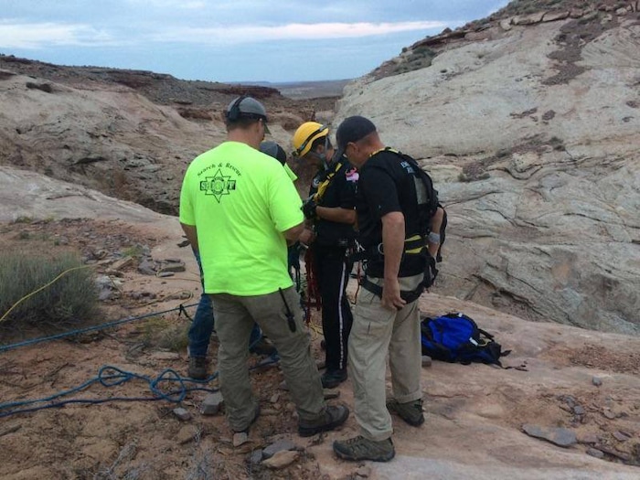 (Courtesy  |  Emery County Sheriff)  A Salt Lake County woman is recovering after being wedged in and suspended for nearly 12 hours in a narrow portion of Zero Gravity Canyon in the San Rafael Desert.