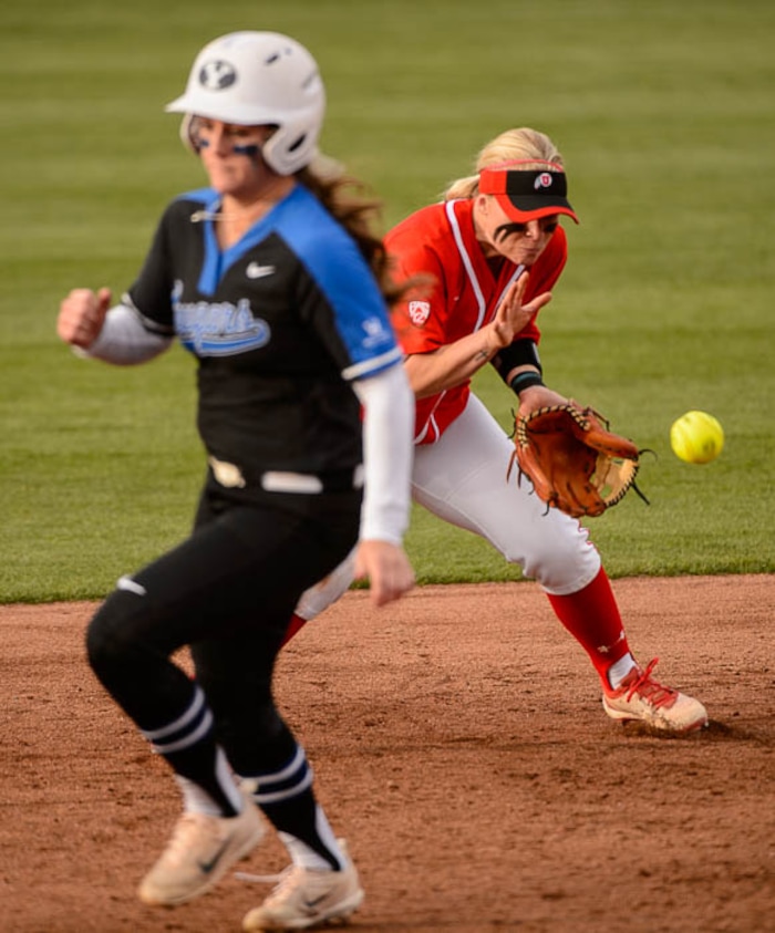 (Trent Nelson | The Salt Lake Tribune)  Utah Utes host the BYU Cougars, NCAA softball in Salt Lake City, Wednesday April 18, 2018. Utah shortstop Abby Robertson (33).