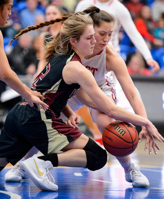 (Trent Nelson | The Salt Lake Tribune)  Viewmont's Emma Carr (2) and East's Lealani Falatea (3) as East faces Viewmont in the 5A High School Girls' Basketball Tournament at SLCC in Taylorsville, Wednesday Feb. 21, 2018.