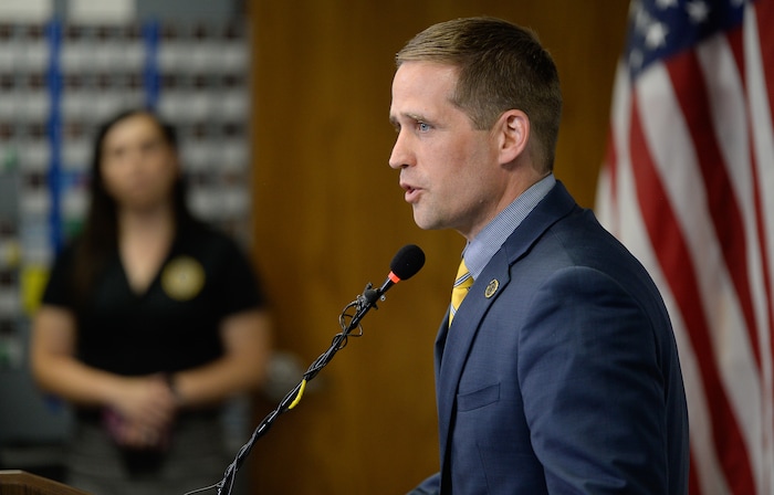 (Francisco Kjolseth | The Salt Lake Tribune) Colonel Brian Redd, Deputy Commissioner at Utah Dept. of Public Safety announces a new sexual assault tracking system that will allow survivors to monitor their rape kits in real time, during a press event at the Calvin Rampton Complex in Taylorsville on Wed. June 6, 2018.