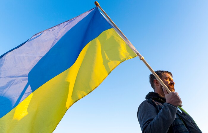(Rick Egan | The Salt Lake Tribune) Vlada Yarmenko, from Ukraine, joins hundreds of protesters gather at the Utah Capitol for a rally in support of Ukraine, on Monday, Feb. 28, 2022.