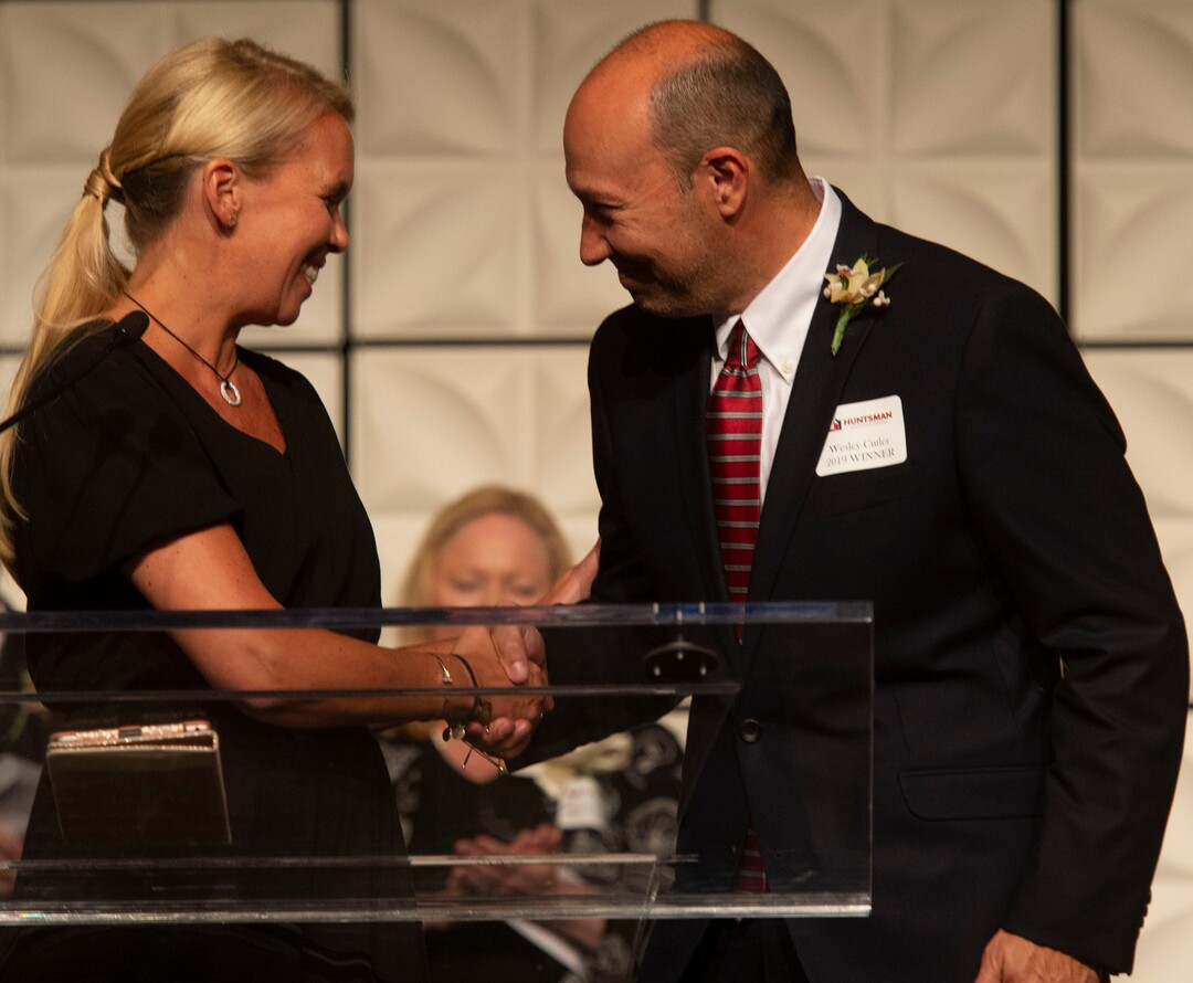 (Rick Egan  |  The Salt Lake Tribune)  Education Award winner Wesley Cutler, administrator, Evergreen Junior High School, shakes hands with Jennifer Huntsman Parkin, at the Huntsman Awards for Excellence in Education at the Grand America, Friday,  April 26, 2019.