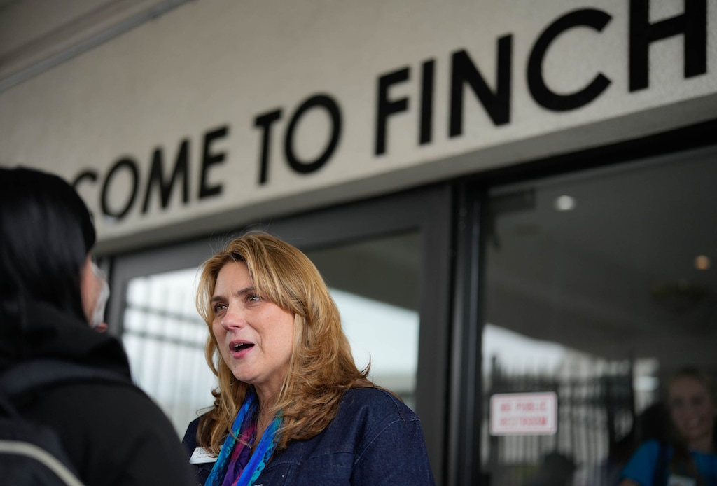 (Francisco Kjolseth  | The Salt Lake Tribune) Michelle Flynn, Chief Executive Officer for The Road Home, speaks during the dedication of a new Family Interim Non-Congregate Housing (FINCH) facility in South Salt Lake on Wednesday, April 23, 2025.
