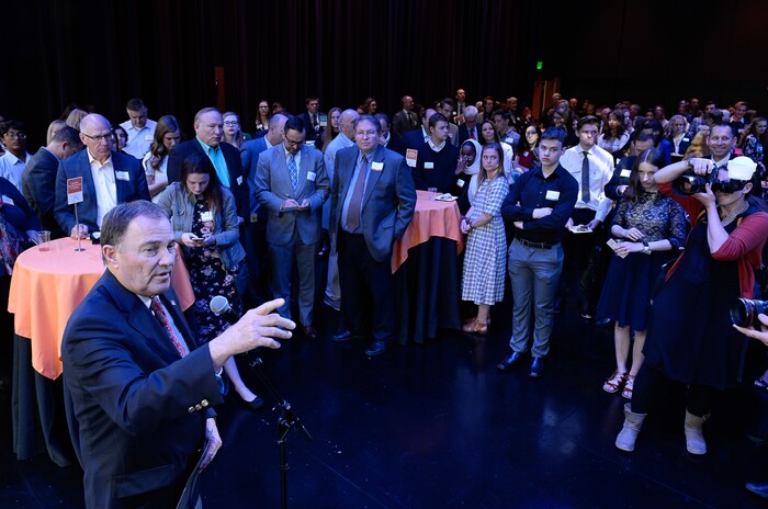(Francisco Kjolseth  |  The Salt Lake Tribune)  Gov. Gary Herbert gathers with students and politicians at the Eccles Theater on Thursday, April 19, 2018, as he talks about the importance of the arts prior to a showing of Hamilton. Students wrote essays to politicians as part of the New Nation Project for a chance to win tickets to the show and educate legislators or political leaders on topics important to them. 