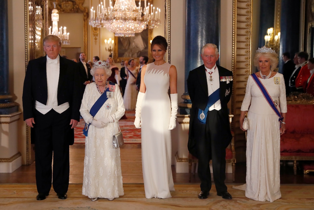 From left, US President Donald Trump, Britain's Queen Elizabeth II, first lady Melania Trump, Prince Charles and Camilla, the Duchess of Cornwall pose for the media ahead of the State Banquet at Buckingham Palace in London, Monday, June 3, 2019. Trump is on a three-day state visit to Britain. (AP Photo/Alastair Grant, Pool)
