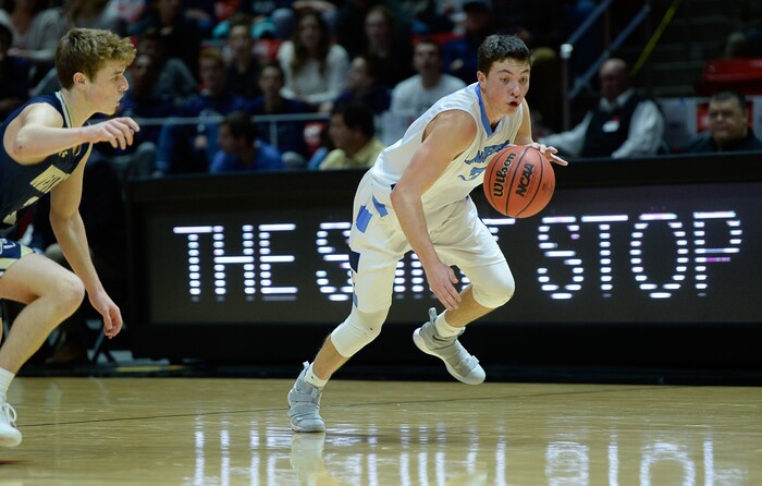 (Francisco Kjolseth  |  The Salt Lake Tribune)  Westlake vs Layton, 6A State high school basketball tournament at the Huntsman Center in Salt Lake City, Thursday March 1, 2018. Conner Hill (3) pushes down court. 