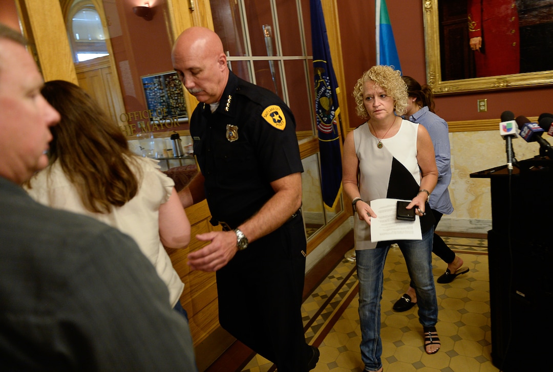 (Francisco Kjolseth  |  The Salt Lake Tribune)  Salt Lake City's Police Chief Mike Brown and Mayor Jackie Biskupski conclude a press conference at the City and County building on Friday, Sept. 1, 2017, to apologize for an officer handcuffing a hospital nurse for refusing a blood draw from an unconscious patient.