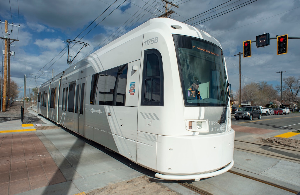 (Rick Egan  |  The Salt Lake Tribune)      The S-Line Sugar House Streetcar heads east on the new double-track rail line, Friday, April 5, 2019.