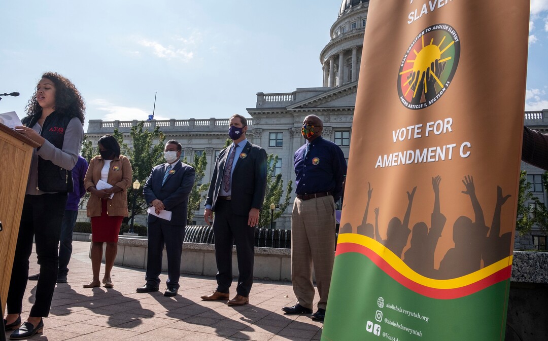 (Leah Hogsten  |  The Salt Lake Tribune) Frances James, member of Greater Salt Lake Alumnae Chaper of Delta Sigma Theta Sorority urges Utah to get involved on Tueday. A coalition of politicians, religious leaders and civil rights activists are urged Utahns to pass Amendment C on the ballot to remove old wording in the state constitution, Sept. 22, 2020, that they say still allows slavery as a punishment for crime.