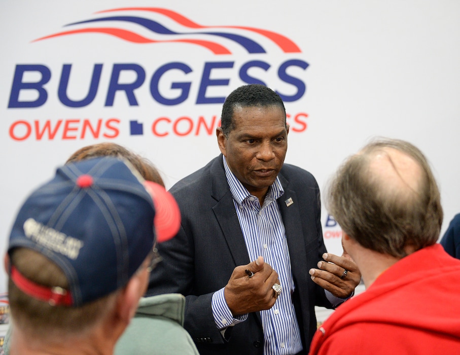 (Chris Samuels | The Salt Lake Tribune) U.S. Rep. Burgess Owens speaks with delegates at the Utah Republican Party nominating convention, Saturday, April 23, 2022, in Sandy. The freshman congressman has so far declined to participate in debates prior to the June primary election.