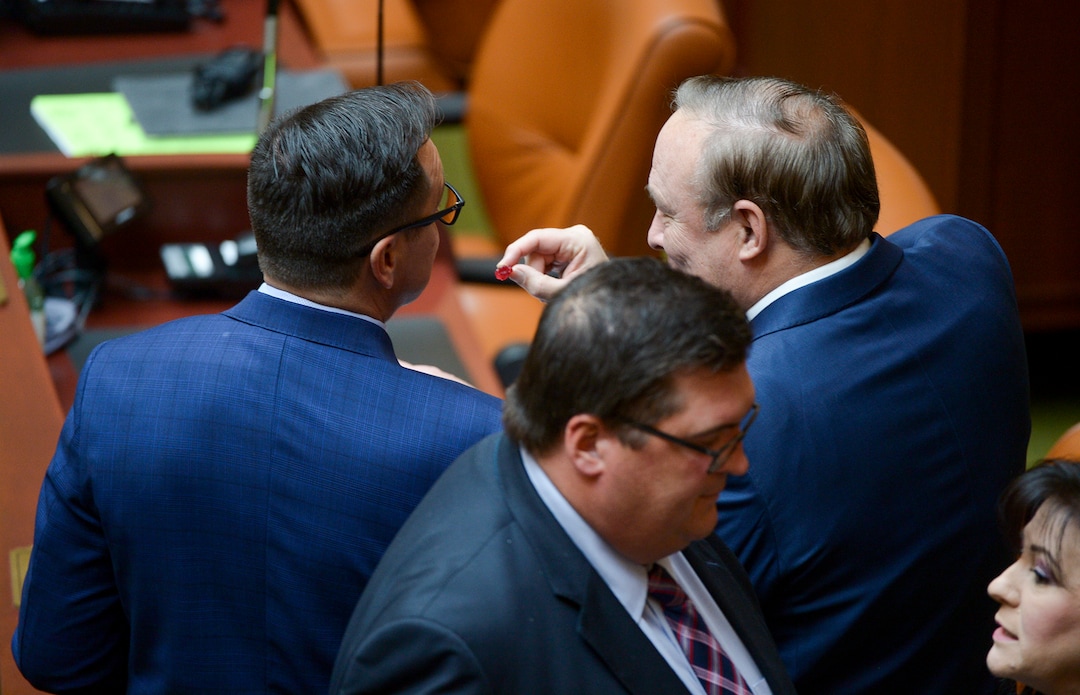 (Leah Hogsten  |  The Salt Lake Tribune)  Outgoing State Sen. Jim Dabakis offers a gummy bear to House Speaker Greg Hughes who ate the candy. Debakis who jokingly offered Utah House members candy gummy bears that look similar to marijuana-infused edibles. Utah legislators voted to change the Utah Medical Cannabis Act, the bill that officials, Prop 2 opponents and medical marijuana advocates crafted and pitched as a compromise. On Monday, Dec. 2, 2018 during the special session, lawmakers overhauled the medical cannabis distribution system, reduces the number of medical marijuana outlets, prohibits edibles for gelatin cubes instead and changes the list of illnesses that qualify for cannabis treatments.