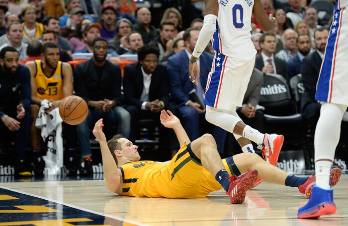 (Francisco Kjolseth  |  The Salt Lake Tribune)  Utah Jazz forward Bojan Bogdanovic (44) ends up on the floor on a shot attempt as the Utah Jazz host the Philadelphia 76ers in their NBA basketball game at Vivint Smart Home Arena in Salt Lake City on Wednesday, Nov. 6, 2019.