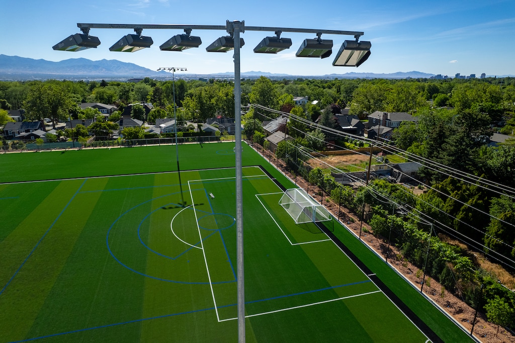 (Trent Nelson  |  The Salt Lake Tribune) Lights above the artificial turf field at Rosslyn Heights Sports Complex in Salt Lake City on Wednesday, June 10, 2026.