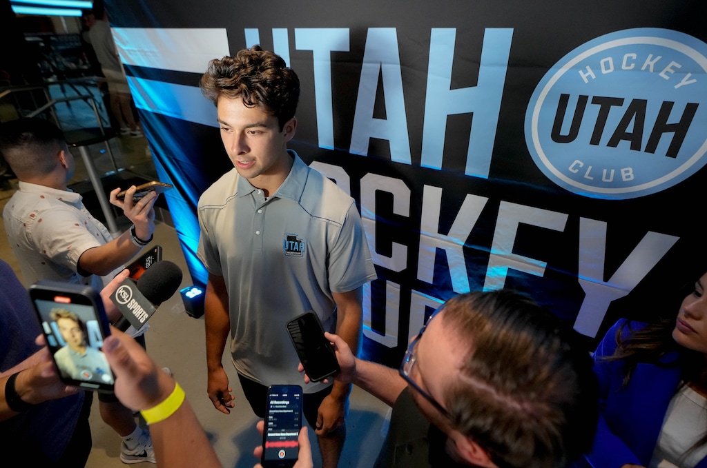 (Francisco Kjolseth  |  The Salt Lake Tribune) Utah Hockey Club prospect Dylan Guenther speaks to the media as the Utah Hockey Club hosts their first NHL draft party at the Delta Center on Friday, June 28, 2024.