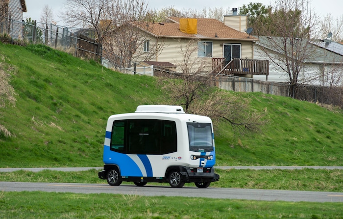 (Rick Egan  |  The Salt Lake Tribune)  The Autonomous Shuttle takes a test drive, at the test track is across the street from UDOT headquarters on the west side of 2700 West. Thursday, April 11, 2019.


