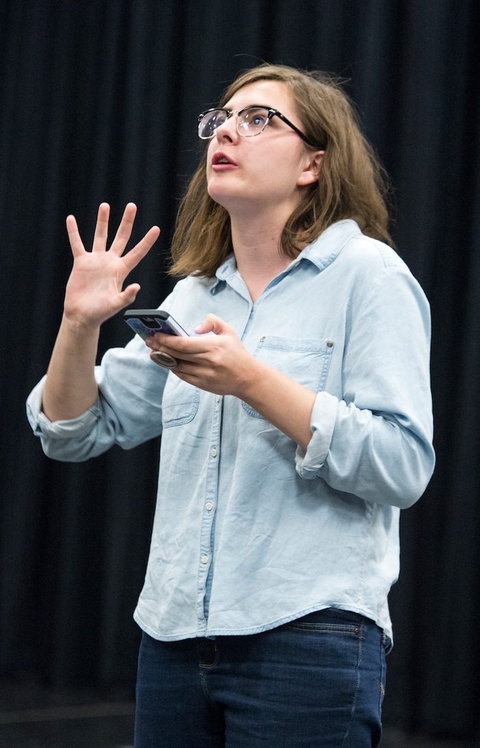 (Rick Egan  |  The Salt Lake Tribune)      Granger High School student Mary Newton performs during a competition for EduHam, an education program that accompanies the Salt Lake City run of "Hamilton." Granger theater teachers Kirsten Anderson and Brian Fuller said 81 students at the West Valley City school participated in the program, which asks students to study original founding documents and create an original work of art -- rap, song, poem, essay, etc. -- from a big moment. Twelve of the regional winners will be invited to perform before a matinee performance of "Hamilton" on May 4. Utah's program is the first to be funded in a public-private match. Wednesday, April 11, 2018.