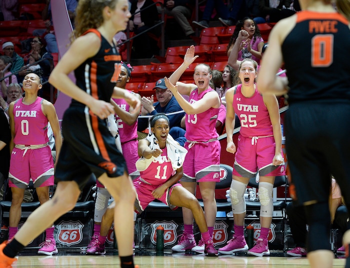 Scott Sommerdorf | The Salt Lake TribuneThe Utah bench erupts after a a score got them to within 2 points of the Beavers late in the game. Oregon State defeated Utah 69-58, Friday, January 26, 2018.