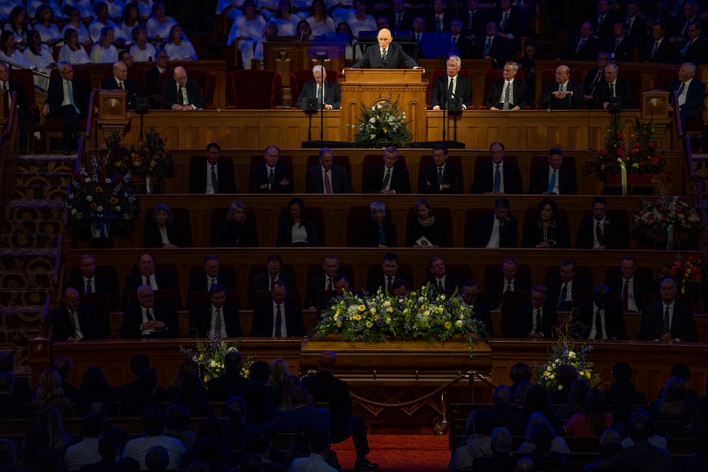 (Rick Egan | The Salt Lake Tribune) President Dallin H. Oaks speaks at the funeral service for Jeffrey R. Holland at the Tabernacle in Salt Lake City on Wednesday, Dec. 31, 2025.