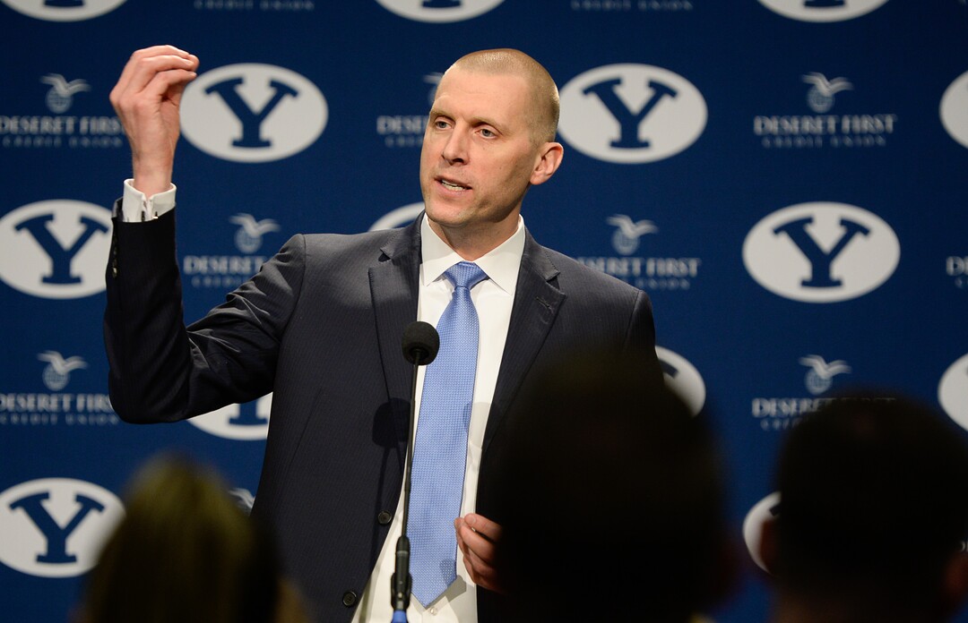 (Francisco Kjolseth  |  The Salt Lake Tribune)  Mark Pope takes questions from the media after being announced as BYU's new head basketball coach during a press event at the BYU broadcasting building on Wed. April 10, 2019.