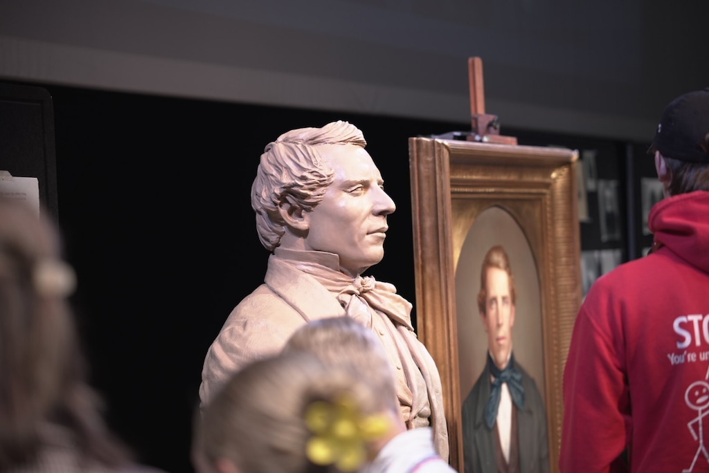 (Joshua Bishop) A new sculpture and painting of church founder Joseph Smith — based on an 1844 daguerreotype — by Latter-day Saint artist Joseph Brickey is unveiled at Utah Valley University on Saturday, June 27, 2026.