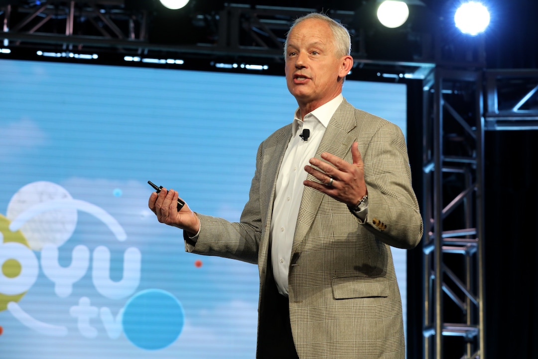 (Photo courtesy Chris Frawley/BYUtv) BYUtv managing director Michael Dunn addresses members of the Television Critics Association.