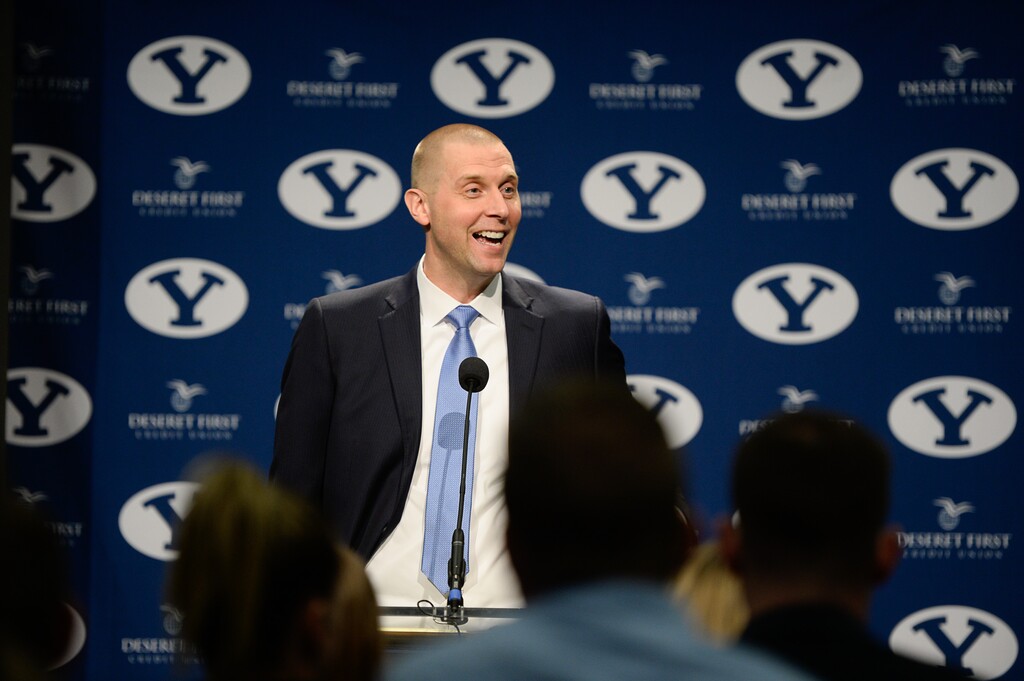 (Francisco Kjolseth  |  The Salt Lake Tribune)  Mark Pope takes questions from the media after being announced as BYU's new head basketball coach during a press event at the BYU broadcasting building on Wed. April 10, 2019.