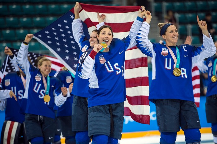 (Chris Detrick  |  The Salt Lake Tribune) United States forward Hilary Knight (21) and United States forward Meghan Duggan (10) celebrate after winning the Women's Gold Medal Game at Gangneung Hockey Centre during the Pyeongchang 2018 Winter Olympics Thursday, Feb. 22, 2018. United States defeated Canada 3-2 in a shootout victory. 