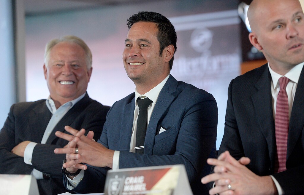 (Al Hartmann  |  Tribune file photo)  Real Salt Lake team owner Dell Loy Hansen, new head coach Mike Petke, and General Manager Craig Waibel at news conference Wednesday March 29 at Rio Tinto Stadium.