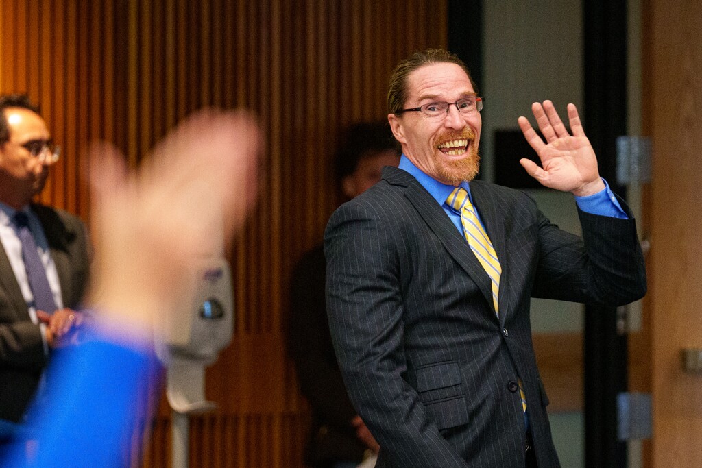 (Trent Nelson  |  The Salt Lake Tribune) Greg Peterson reacts to being named the new president of Salt Lake Community College, in Taylorsville on Friday, April 26, 2024.