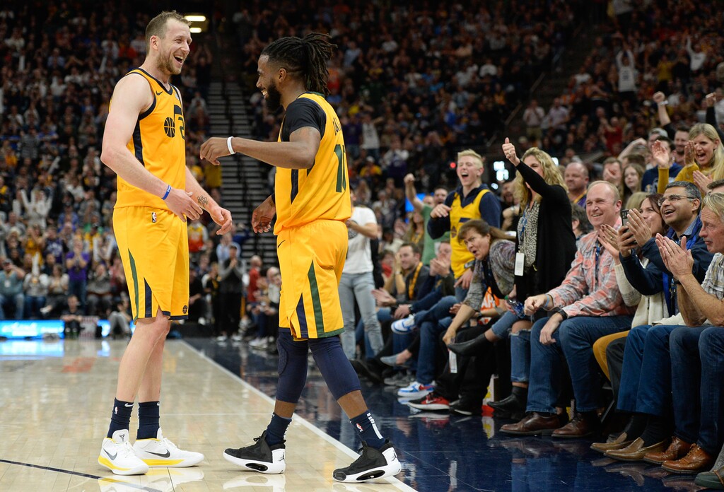 (Francisco Kjolseth | The Salt Lake Tribune) Utah Jazz forward Joe Ingles (2) and Utah Jazz guard Mike Conley (10) celebrate a play as the Utah Jazz host the Philadelphia 76ers in their NBA basketball game at Vivint Smart Home Arena in Salt Lake City on Wed. Nov. 6, 2019.