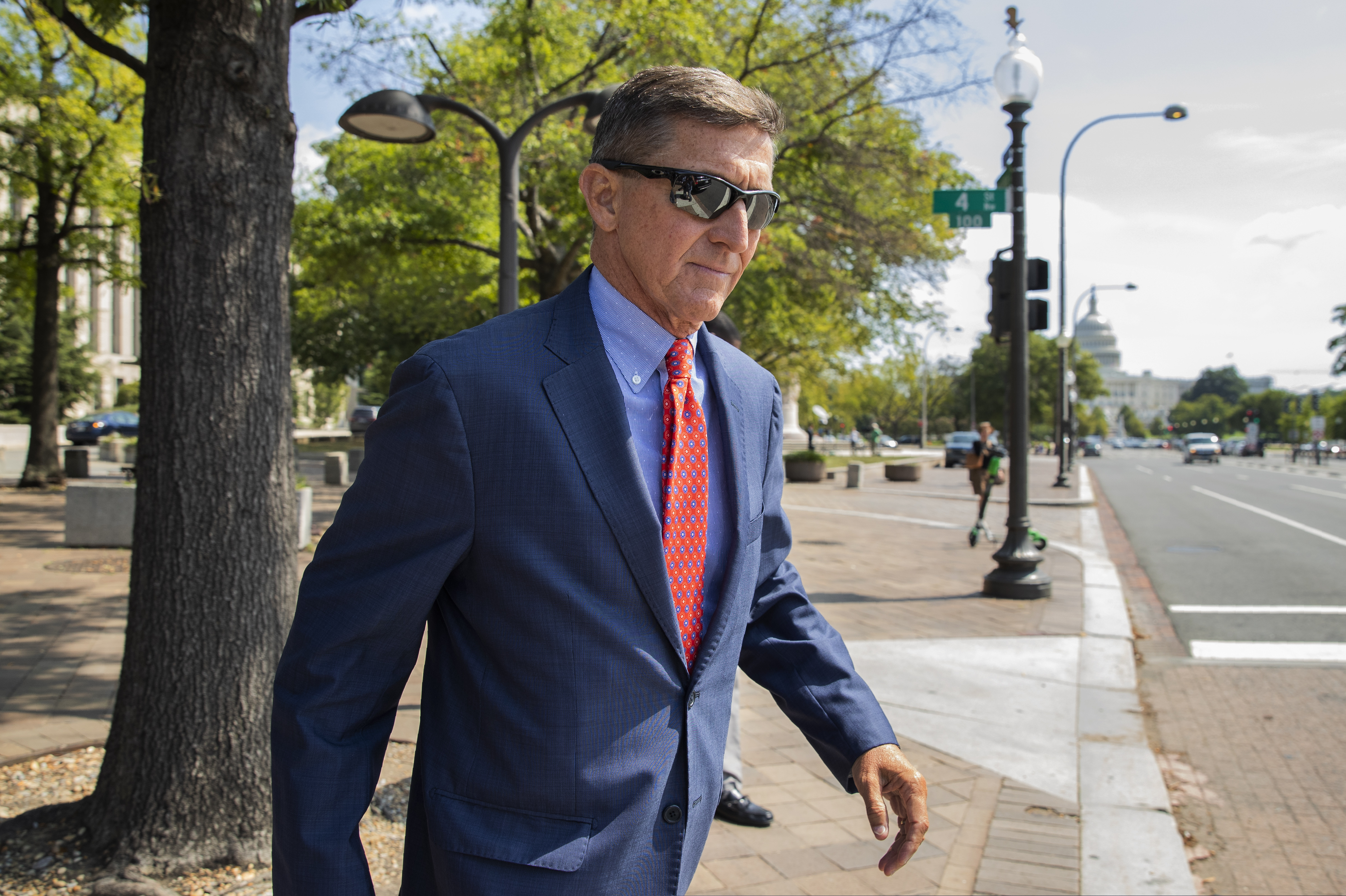 FILE - In this Sept. 10, 2019 file photo, Michael Flynn, President Donald Trump's former national security adviser, leaves the federal court following a status conference in Washington. (AP Photo/Manuel Balce Ceneta)