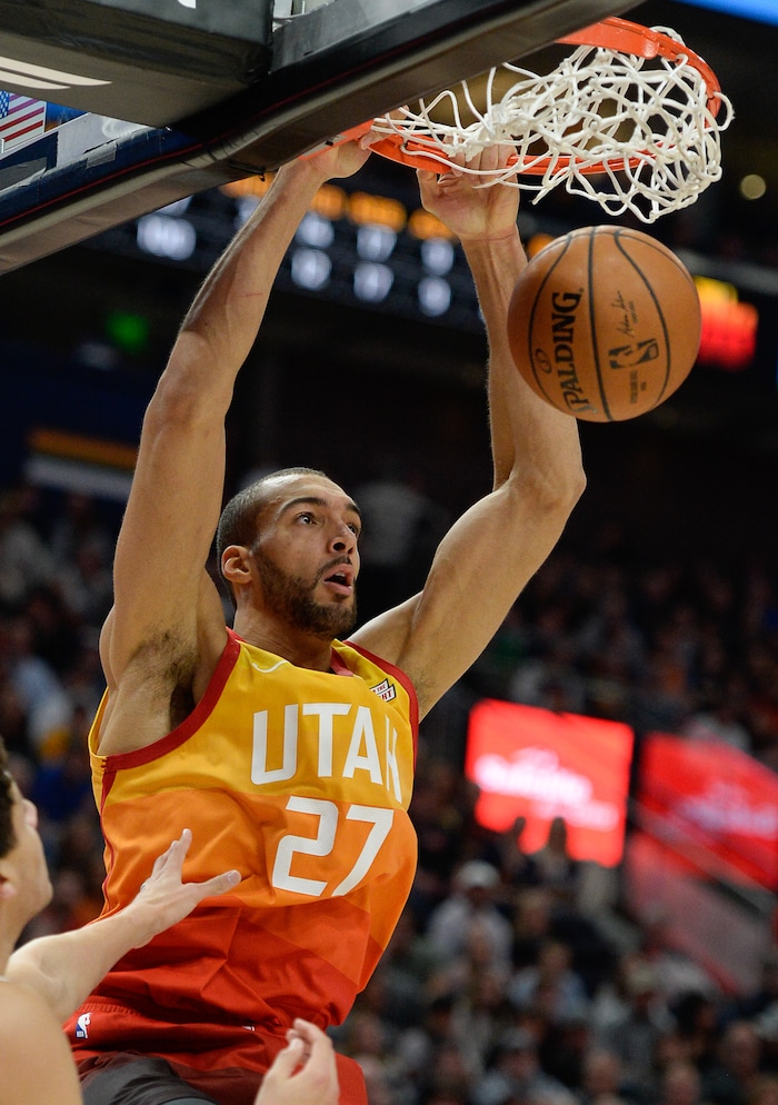 (Francisco Kjolseth  |  The Salt Lake Tribune)  Utah Jazz center Rudy Gobert (27) dunks over the Kings in the NBA game at Vivint Smart Home Arena Wed., Nov. 21, 2018, in Salt Lake City.
