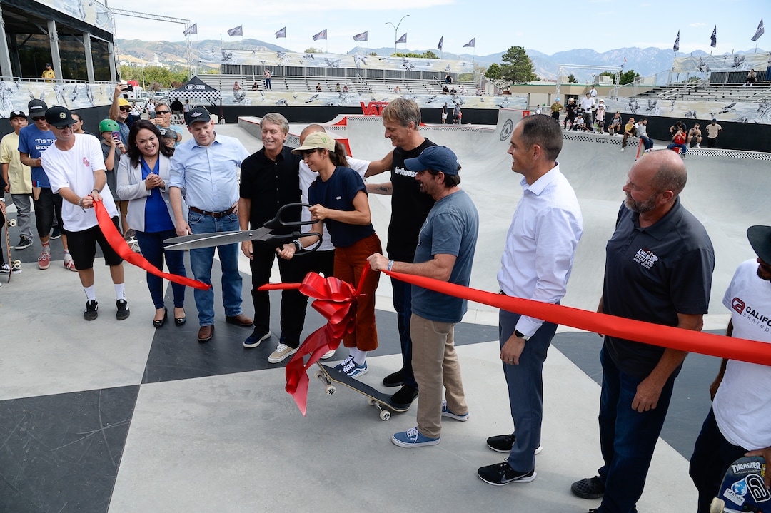 (Francisco Kjolseth  |  The Salt Lake Tribune)  Skate legend Tony Hawk and other pro skaters and local dignitaries cut the ribbon on the new Vans - Utah Sports Commission Skatepark at the Utah State Fairpark on Tuesday, Sept. 3, 2019.